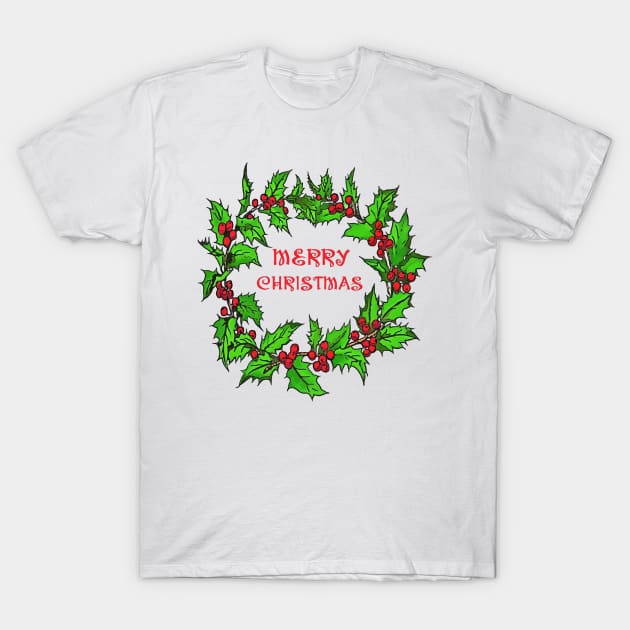 Merry Christmas Holly Wreath With Berries T-Shirt by taiche